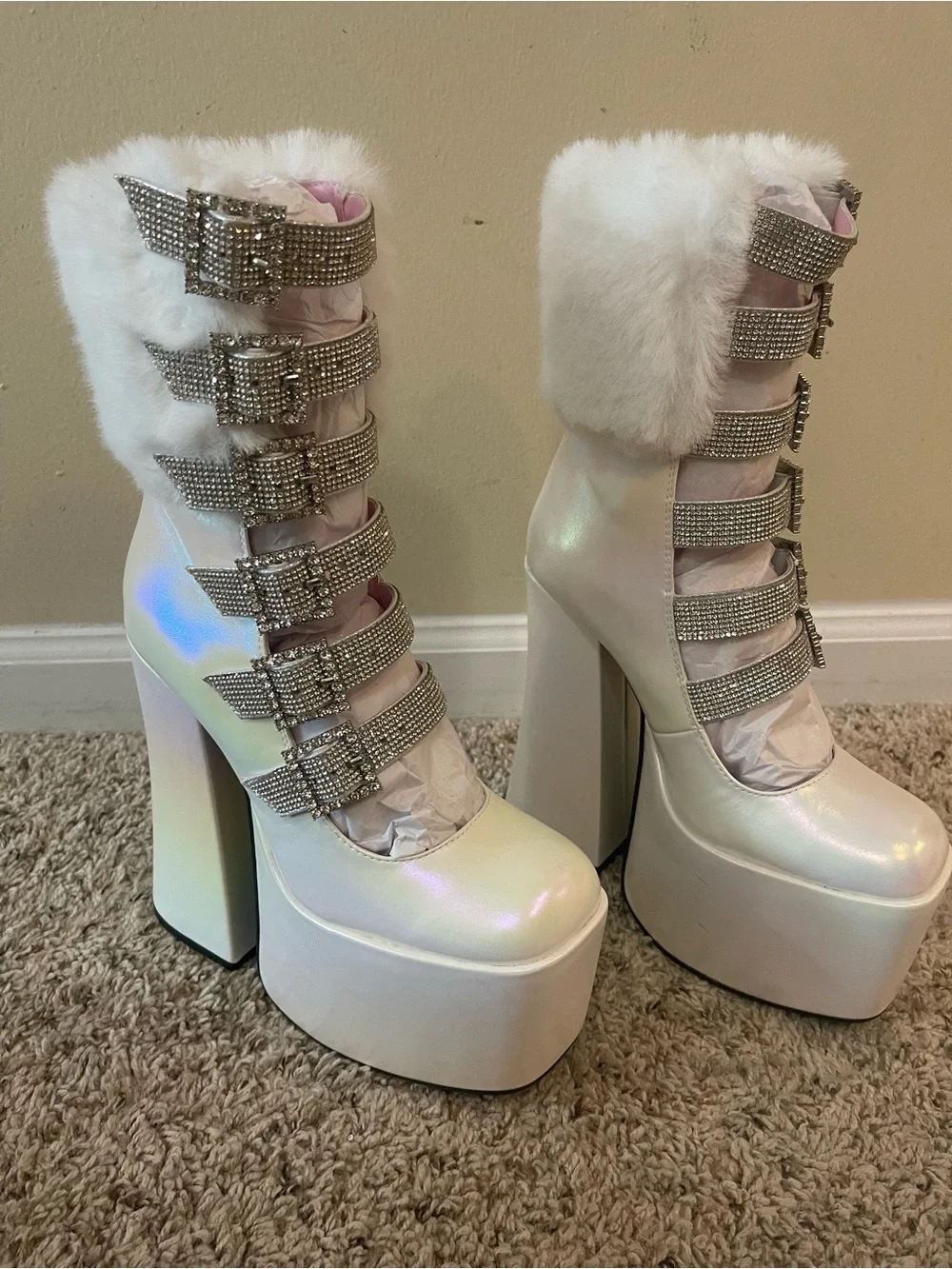 Iridescent White Platform Ankle Boots with Crystal Buckles and Faux Fur